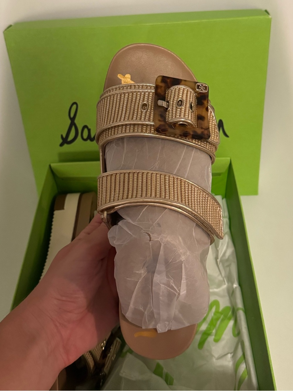 Sam Edelman Metallic Gold Double-Strap Slide with Tortoise Buckle